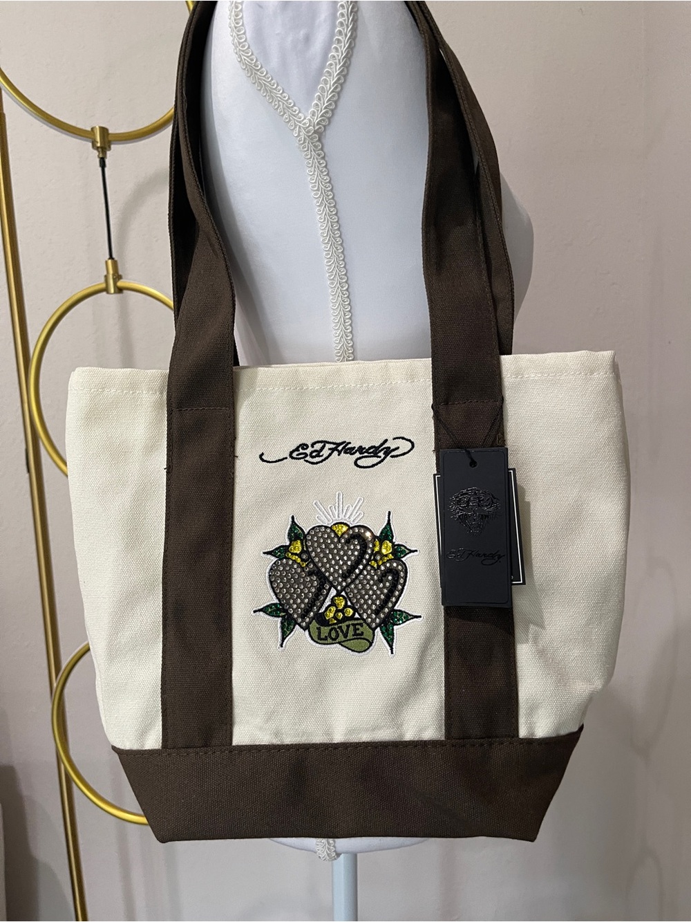 Ed Hardy Cream and Brown Canvas Tote with Embroidered Love Heart New With Tags